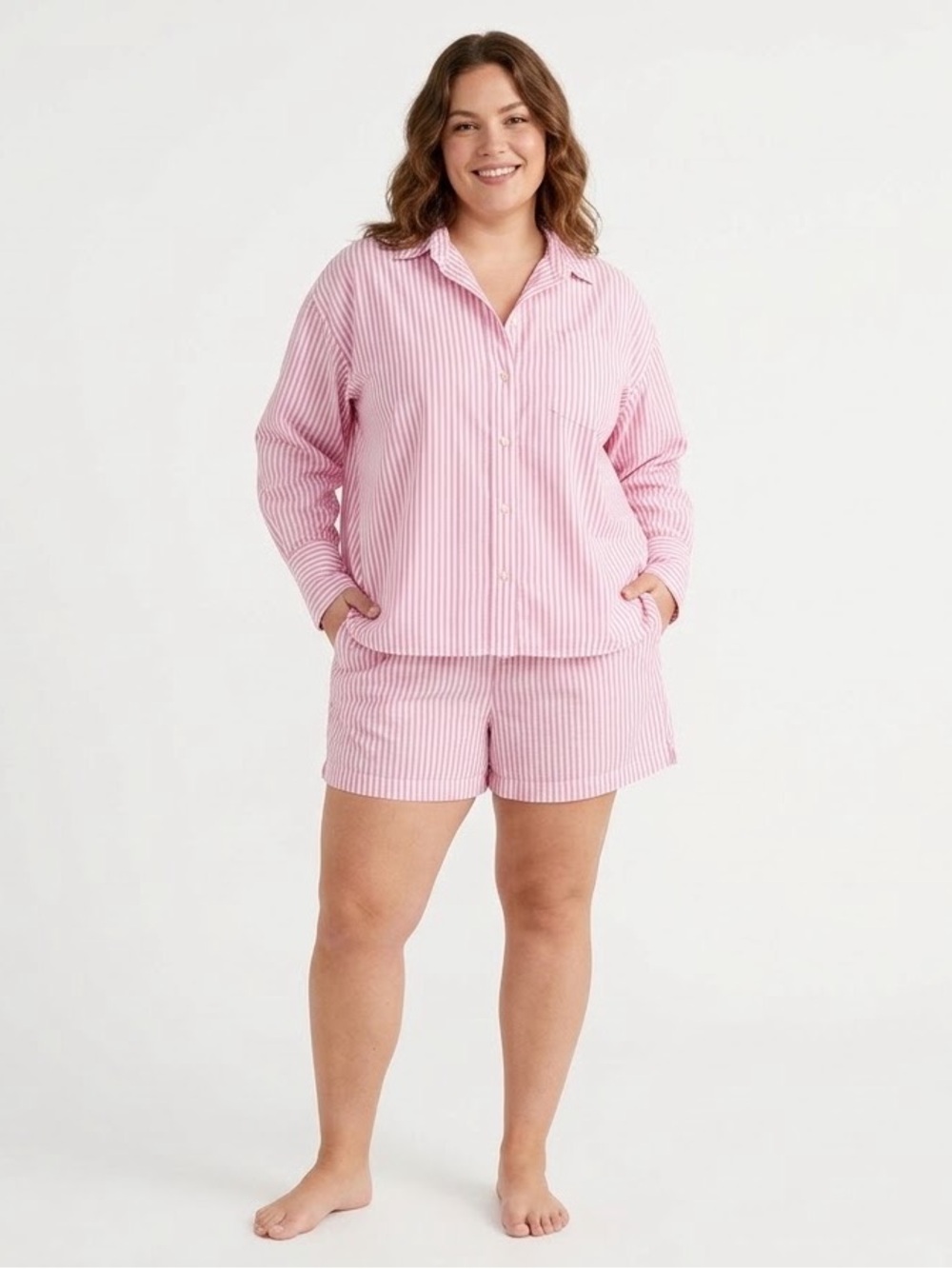 J.Crew Cotton Poplin Pajama Set Pink White Stripe Button Down Boxer Shorts 3X